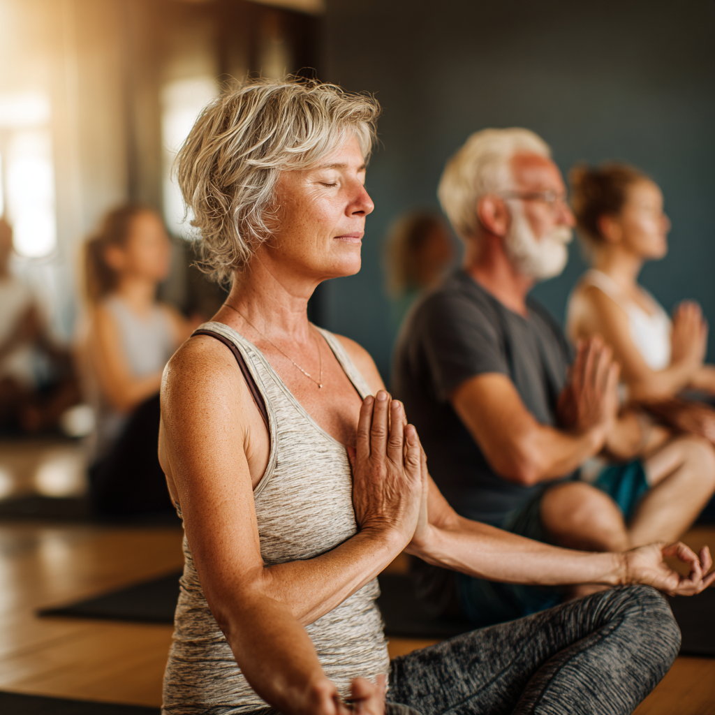 Middle-aged adults practicing gentle yoga poses in a peaceful studio setting