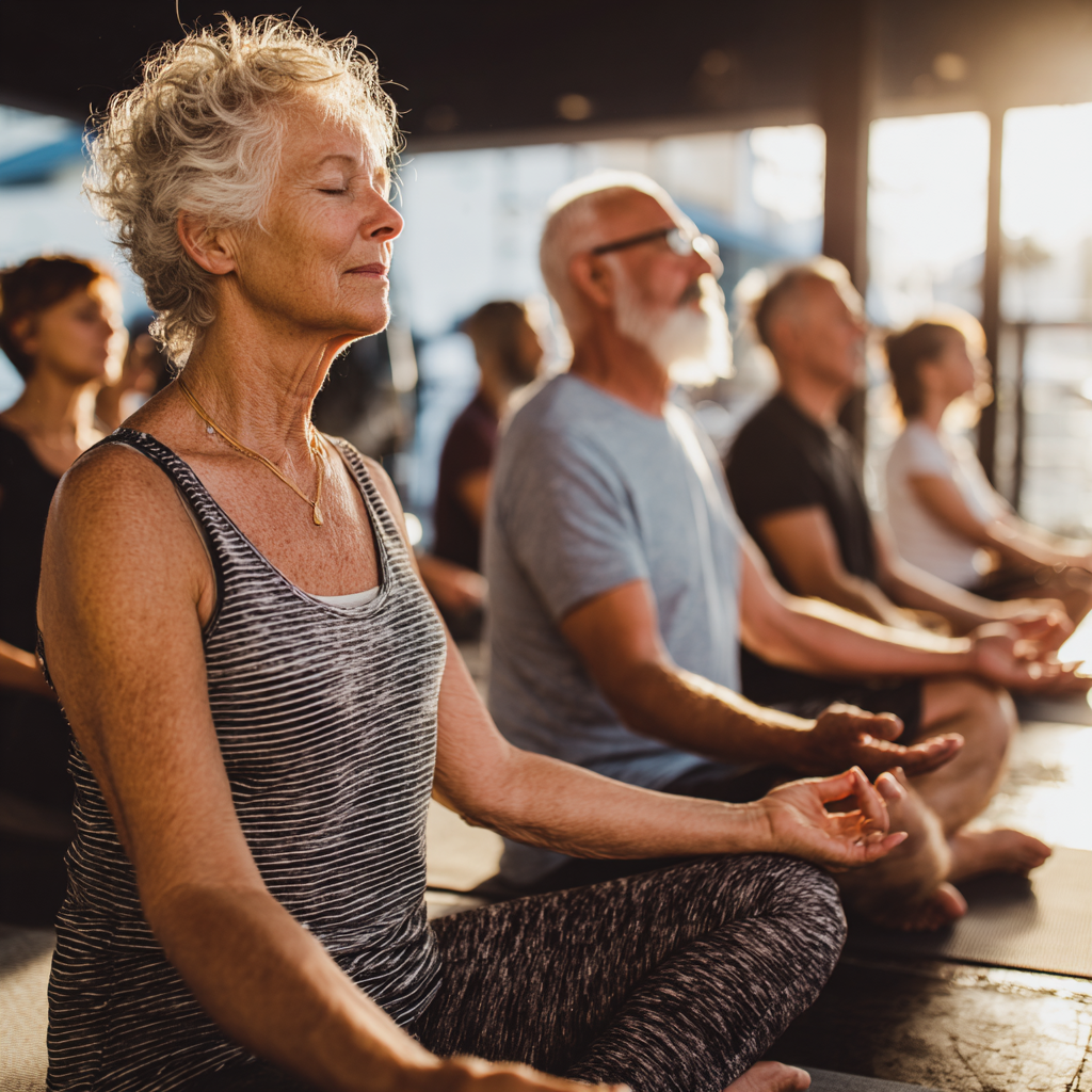 Older adults in comfortable yoga poses during a peaceful morning session
